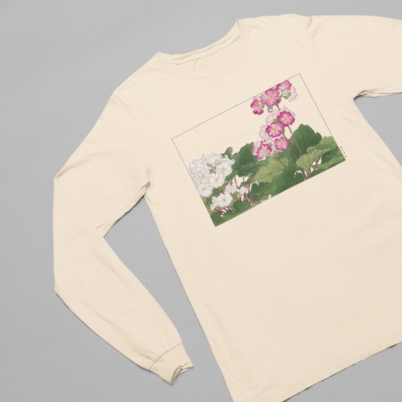 Primrose Flowers Japanese Ukyio-e Print Long Sleeve Graphic Tee T-shirt S M L XL - Picture 2 of 6
